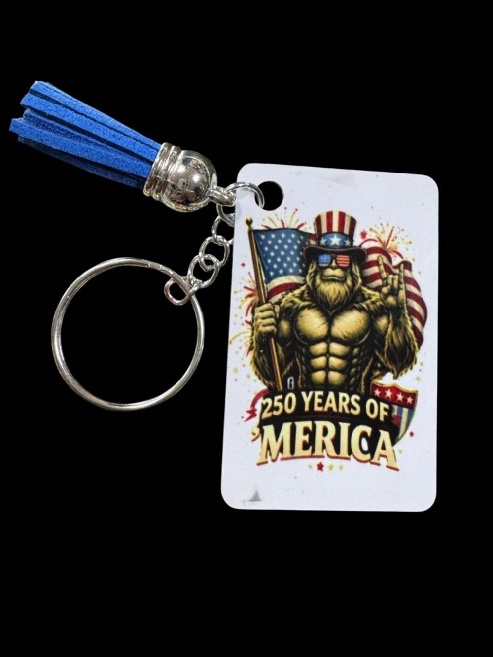 250 Years of 'Merica Patriotic Bigfoot Keychain, Metal, with Blue Tassel, Americ